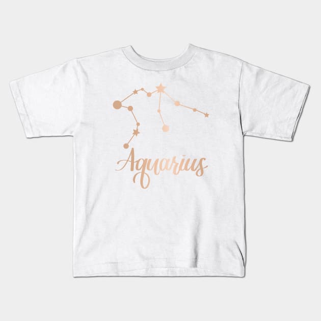 Aquarius Zodiac Constellation in Rose Gold Kids T-Shirt by Kelly Gigi